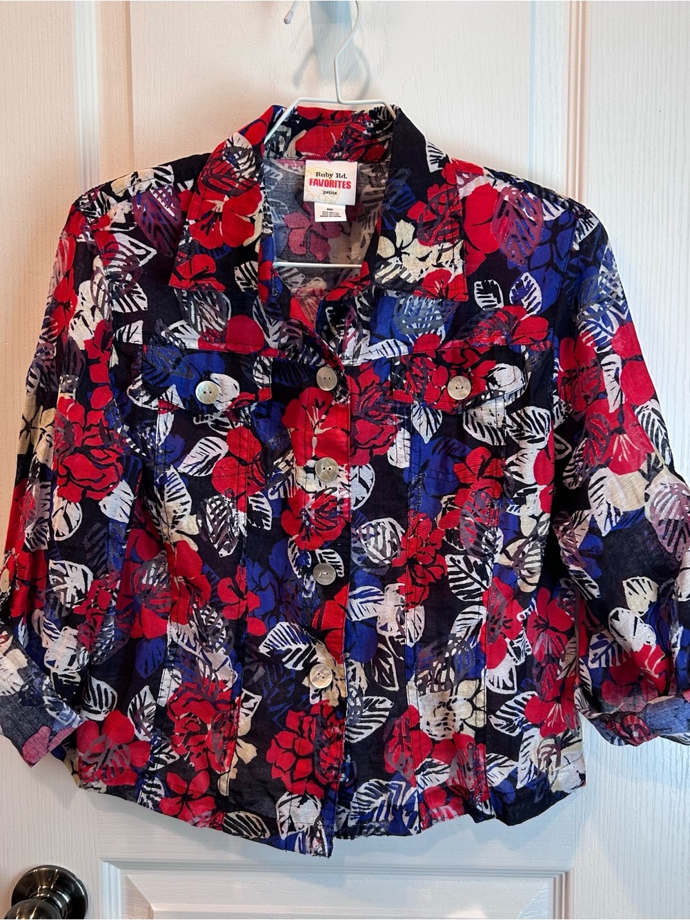Ruby Rd. Women’s Red & Blue Sheer Floral Roll Tab Sleeve Iridescent Button Up 8P